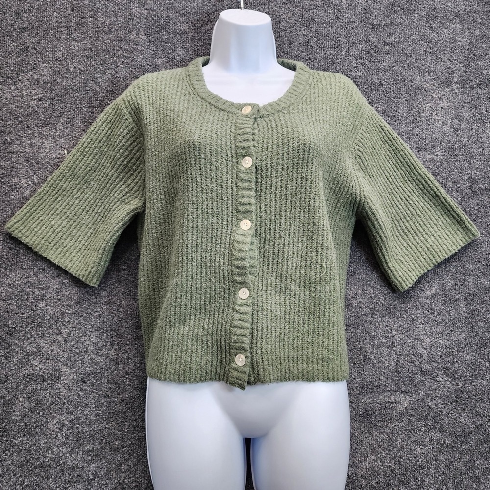Aerie Women's Sage Green Ribbed Short Sleeve Button Front Cardigan Sweater Small